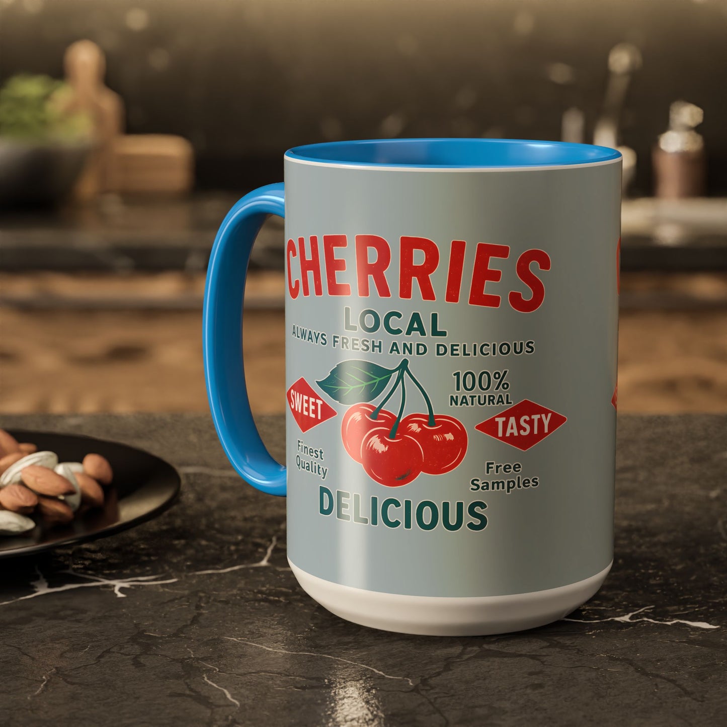 "Delicious Cherries", Colorful Mugs (11oz, 15oz) (Washed Silver-Blue)