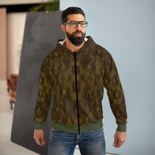 "Swamp Recon Camouflage", Unisex Wearable Art Zip Hoodie (Fen Moss Green Cuffs and Waist)