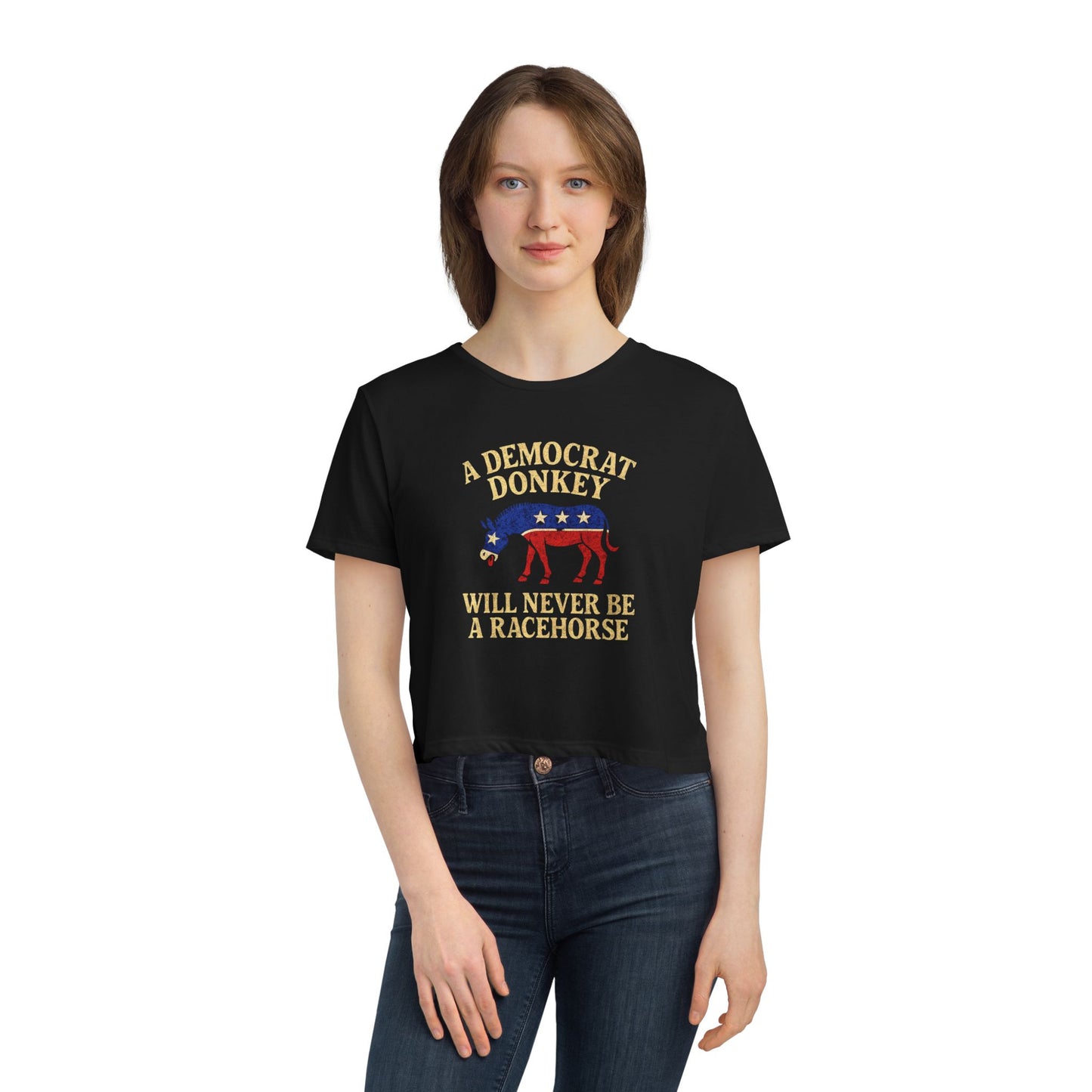 "A Democrat Donkey", Women's Flowy Cropped Tee (Print Black)