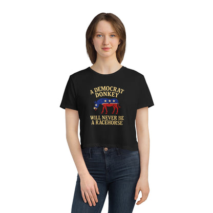 "A Democrat Donkey", Women's Flowy Cropped Tee (Print Black)