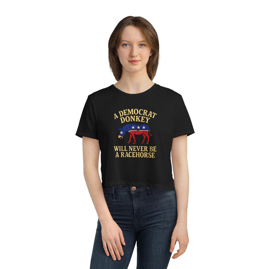 "A Democrat Donkey", Women's Flowy Cropped Tee (Print Black)