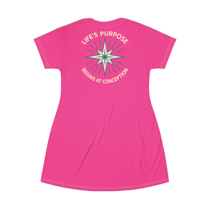 "Life's Purpose Begins at Conception #01", T-Shirt Dress (Knockout Pink)