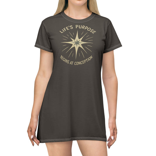 "Life's Purpose Begins at Conception #02", T-Shirt Dress (Dried Dates)