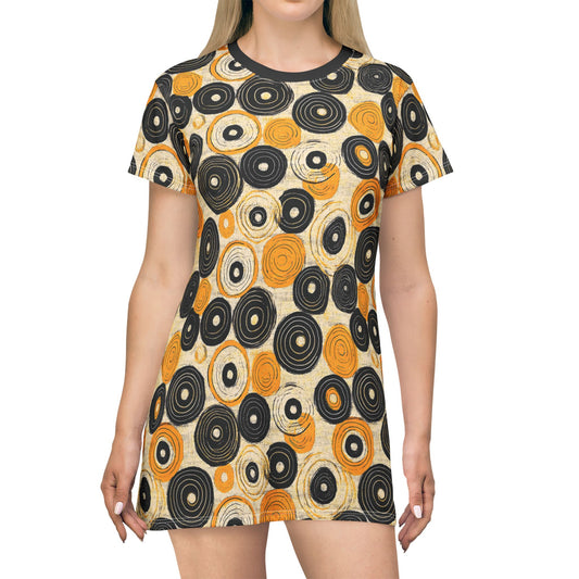 "Old 45's", Wearable Pattern Art T-Shirt Dress (70's Black Collar)