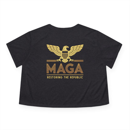 "MAGA - Restoring the Republic", Women's Flowy Cropped Tee (Black or Grey)