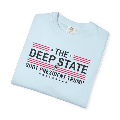 "The Deep State Shot President Trump" #02, Unisex White T-shirt
