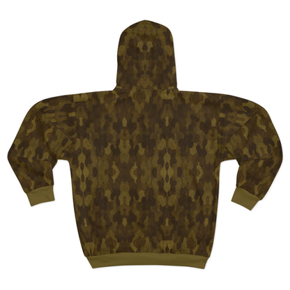 "Swamp Recon Camouflage", Unisex Wearable Art Zip Hoodie (Bogbrush Olive Cuffs and Waist)