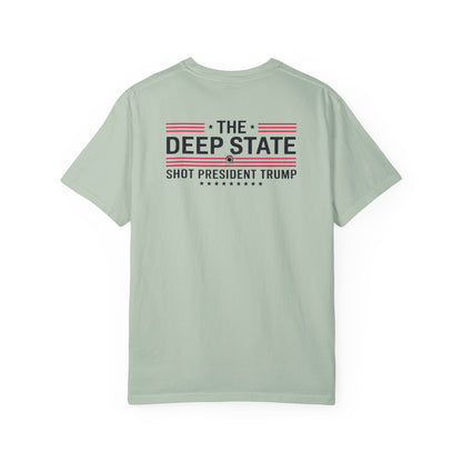 "The Deep State Shot President Trump" #02, Unisex White T-shirt