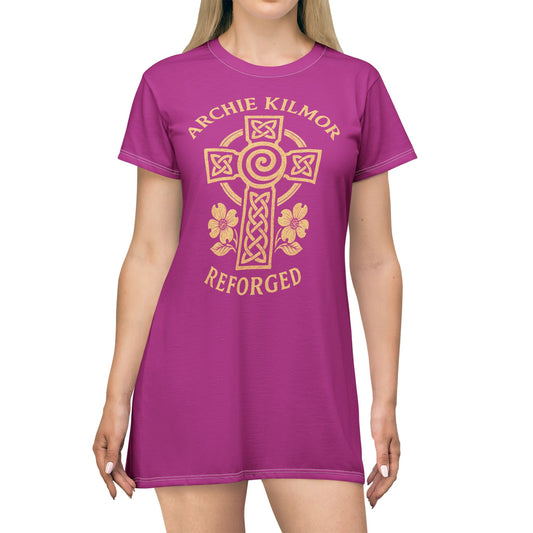 "Archie Kilmor Cross - Reforged" #01, Wearable Art T-Shirt Dress (Prairie Foxglove Pink)