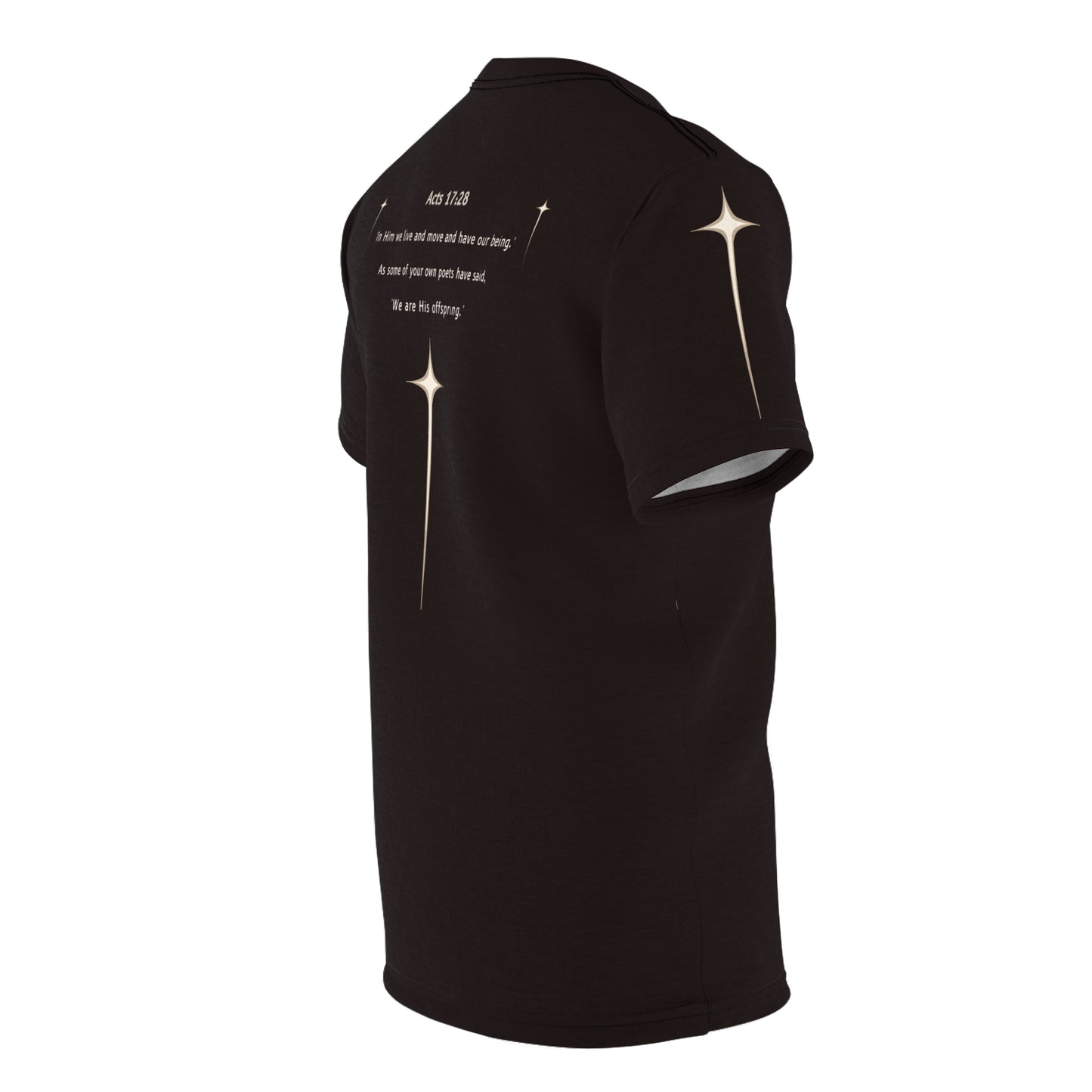 "Acts 17:28", Unisex T-shirt (Licorice Black)
