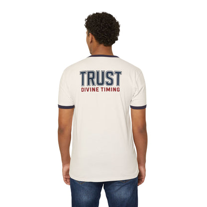"Trust Divine Timing" #02, Unisex Cotton Ringer T-Shirt