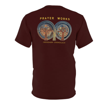 "Prayer Works – Gaelic Christian", Wearable Fine Art Unisex T-shirt (Mahogany)