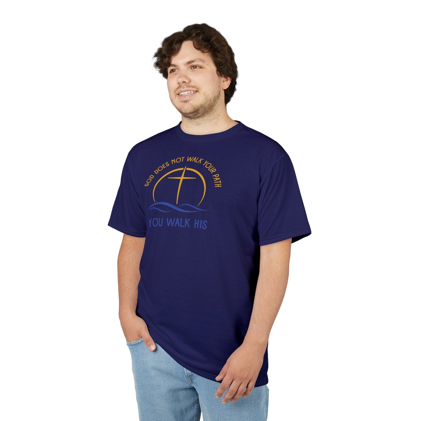 "God Does Not Walk Your Path", Unisex T-shirt (Obsidian Blue)