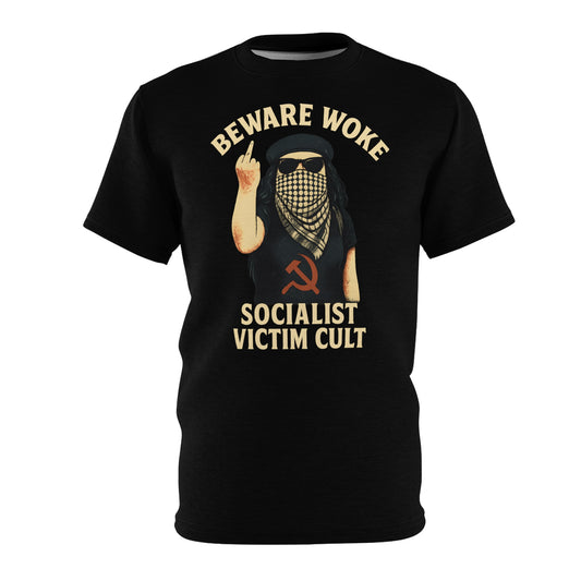 "Beware Woke - Voltaire", Wearable Art Unisex T-shirt (Black Leather)