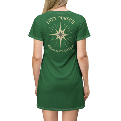 "Life's Purpose Begins at Conception #02", T-Shirt Dress (Dartmouth Green)