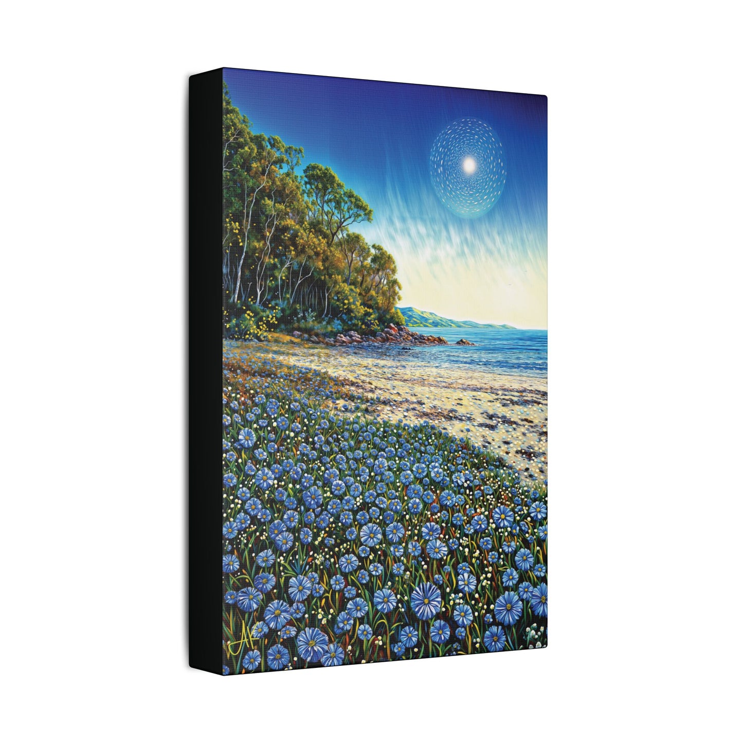 "Azure Petals on Silver Shore", Stretched Classic Canvas Fine Art Print