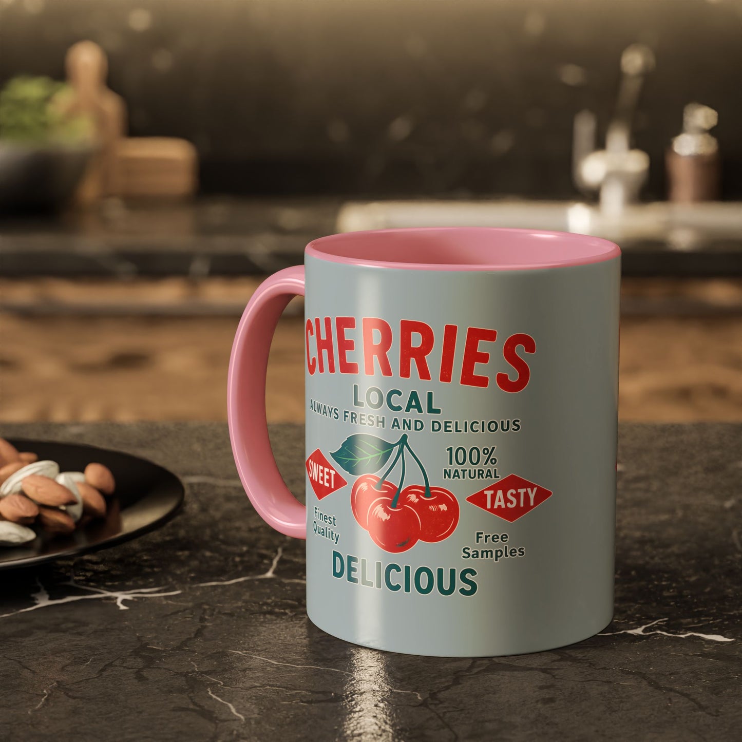 "Delicious Cherries", Colorful Mugs (11oz, 15oz) (Washed Silver-Blue)