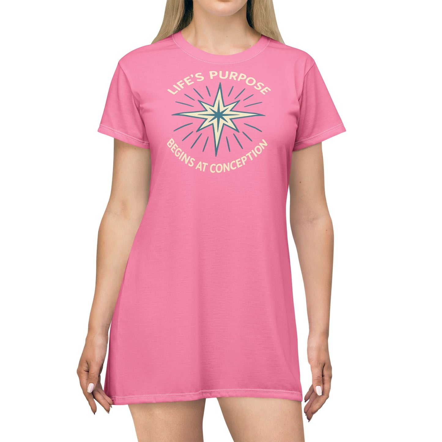 "Life's Purpose Begins at Conception #01", T-Shirt Dress (Carnation Pink)