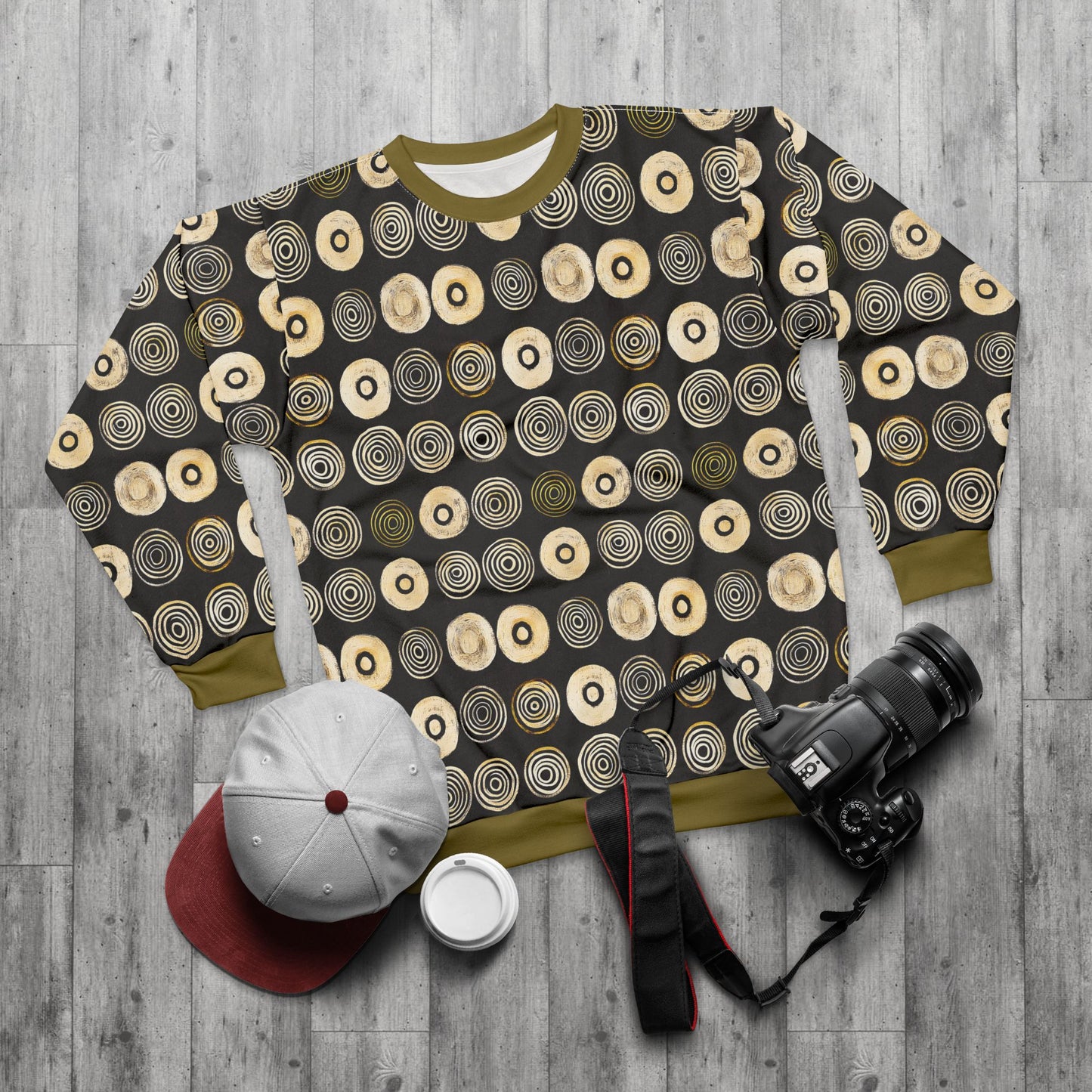 "Punk Polka", Wearable Pattern Art Unisex Sweatshirt (Soft Fig Green Cuffs)