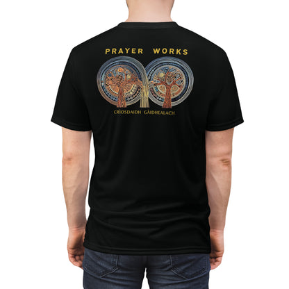 "Prayer Works – Gaelic Christian", Wearable Fine Art Unisex T-shirt (Peatshadow Black)
