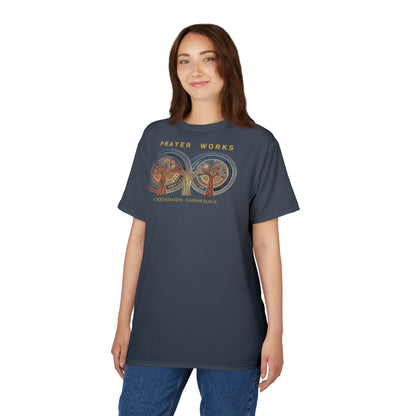 "Prayer Works – Gaelic Christian", Wearable Fine Art Unisex T-shirt (Hearthstone Grey)