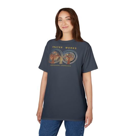 "Prayer Works – Gaelic Christian", Wearable Fine Art Unisex T-shirt (Hearthstone Grey)