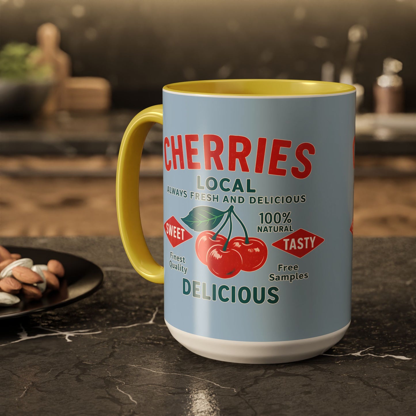 "Delicious Cherries", Colorful Mugs (11oz, 15oz) (Retro Sky)