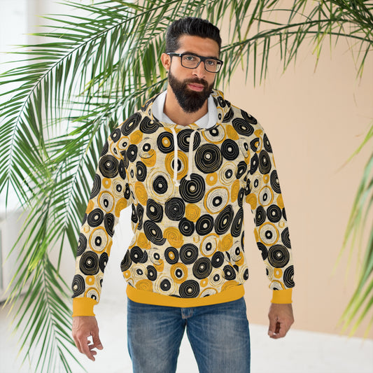 "Old 45's", Unisex Wearable Art Pullover Hoodie (Cyber Yellow Cuffs)