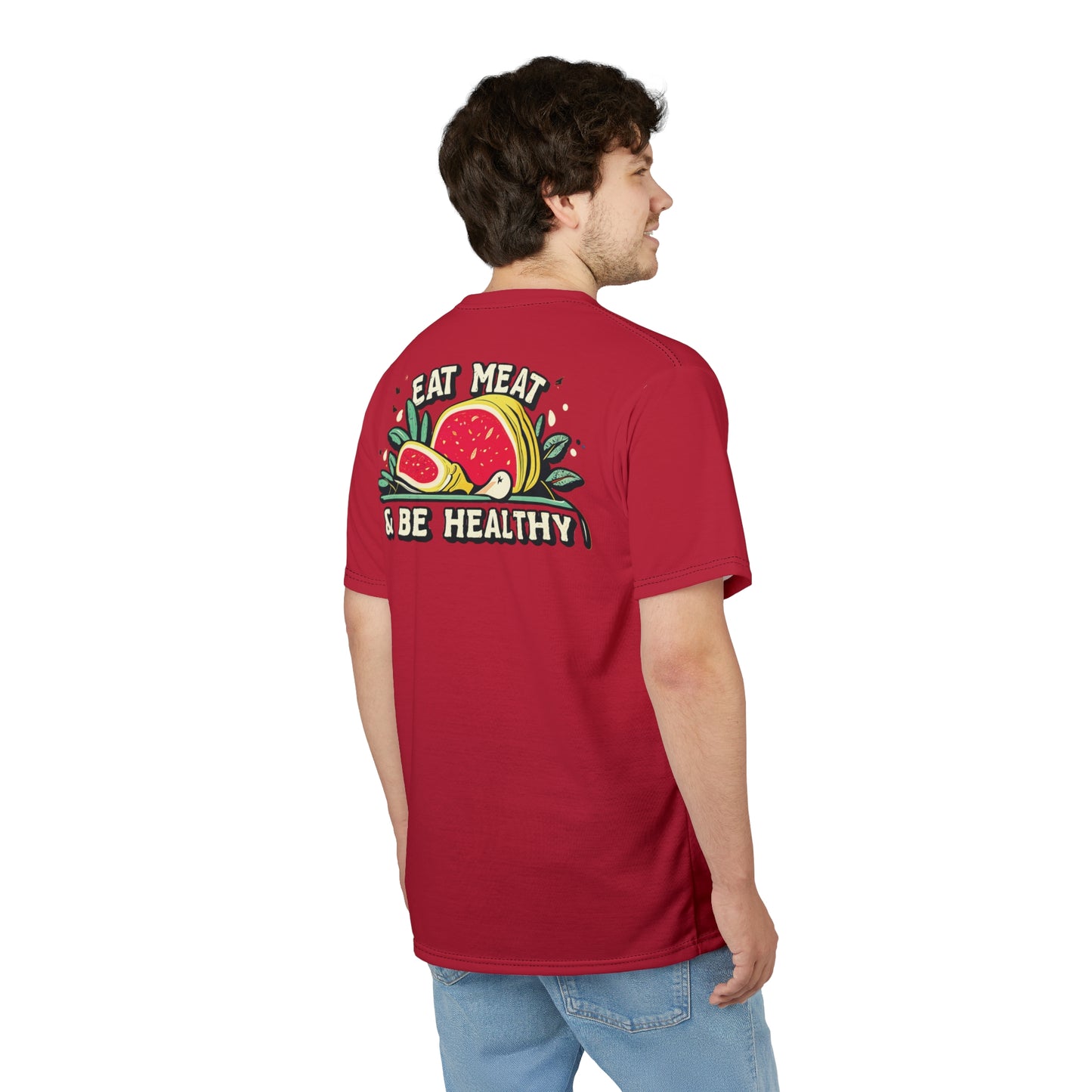 "Eat Meat & Be Healthy", Unisex T-shirt (Cardinal Red)