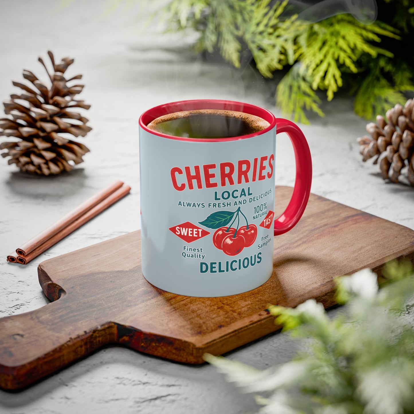 "Delicious Cherries", Colorful Mugs (11oz, 15oz) (Washed Silver-Blue)