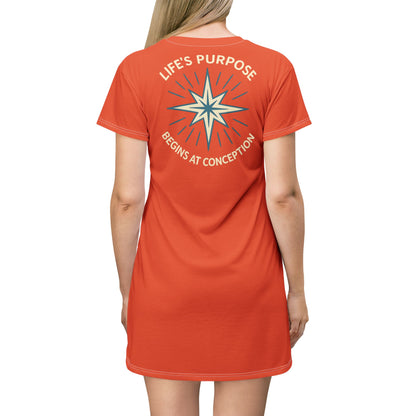 "Life's Purpose Begins at Conception #01", T-Shirt Dress (Tilted Pinball Orange)