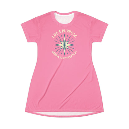 "Life's Purpose Begins at Conception #01", T-Shirt Dress (Carnation Pink)