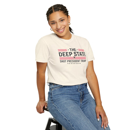 "The Deep State Shot President Trump" #02, Unisex White T-shirt