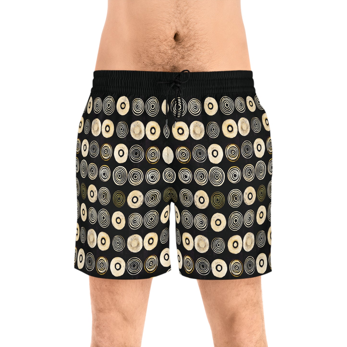 "Punk Polka", Men's Mid-Length Swim Shorts (Plain Black Cuffs)