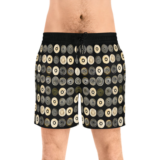 "Punk Polka", Men's Mid-Length Swim Shorts (Plain Black Cuffs)