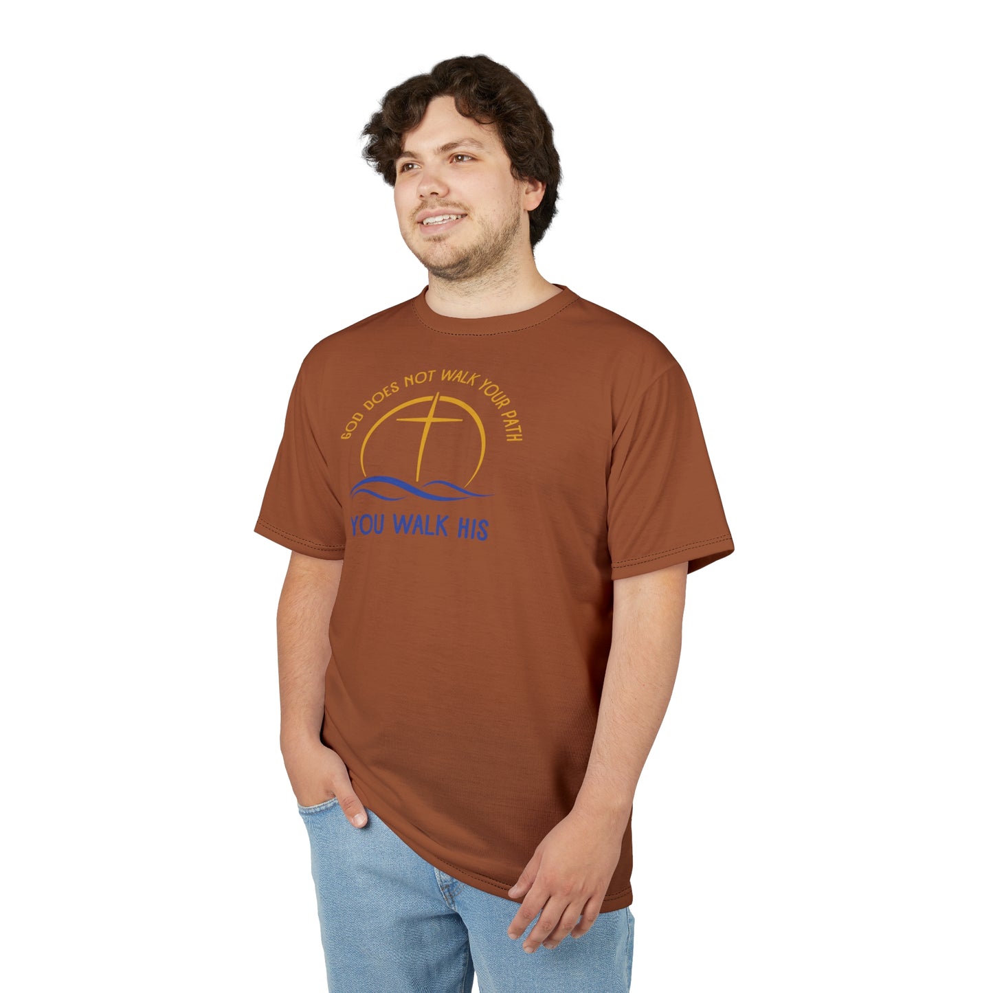 "God Does Not Walk Your Path", Unisex T-shirt (Sienna Brown)