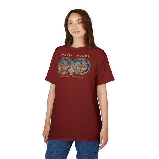 "Prayer Works – Gaelic Christian", Wearable Fine Art Unisex T-shirt (Emberline Red)