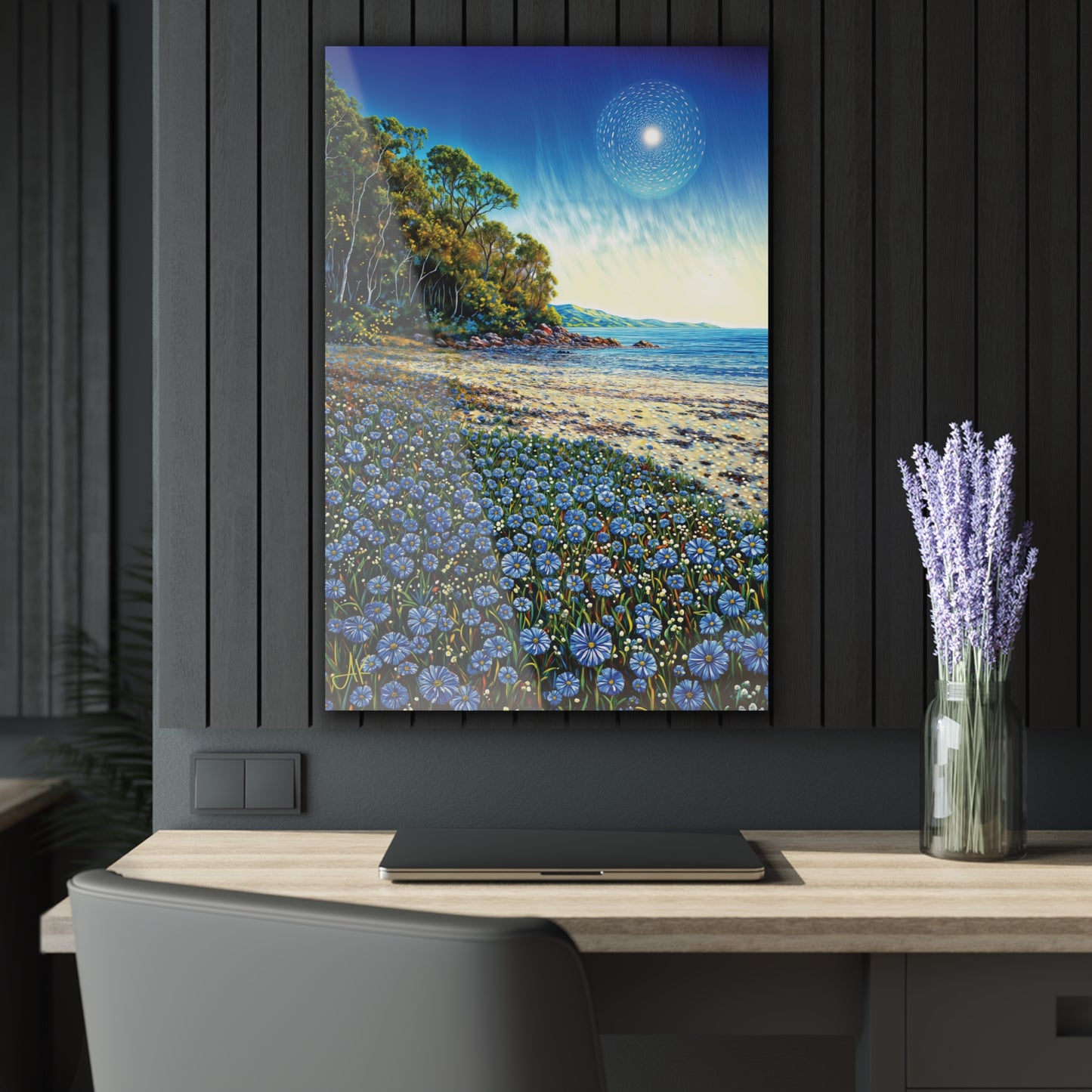 "Azure Petals on Silver Shore", Fine Art Acrylic Wall Prints (French Cleat Hanging)