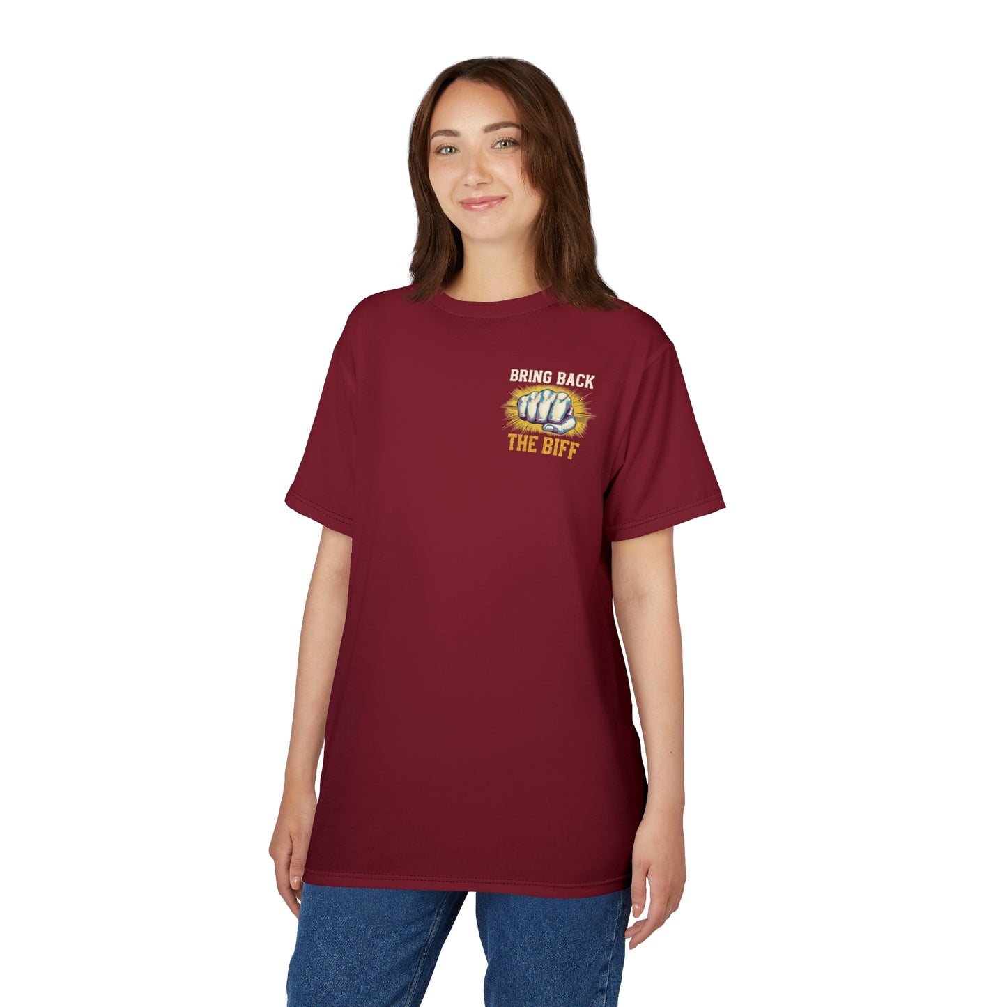 "Bring Back The Biff", Unisex T-shirt (Dark Cherry Red)