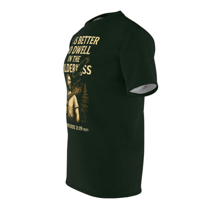 "Proverbs 21:19 (KJV)", Wearable Art Unisex T-shirt (Dark Woodland Green)