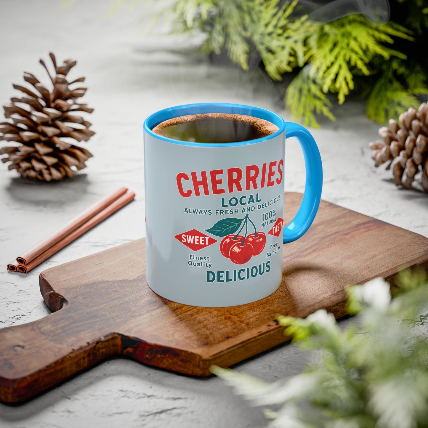 "Delicious Cherries", Colorful Mugs (11oz, 15oz) (Washed Silver-Blue)