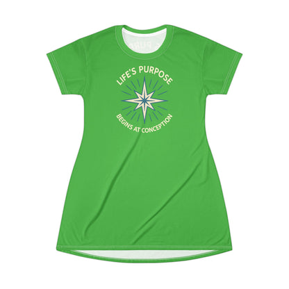"Life's Purpose Begins at Conception #01", T-Shirt Dress (Lime Green)