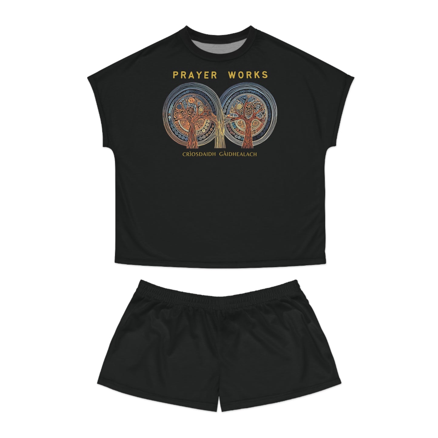 "Prayer Works - Criosdaidh Gàidhealach", Women's Short Pajama Set (White or Black Collar)