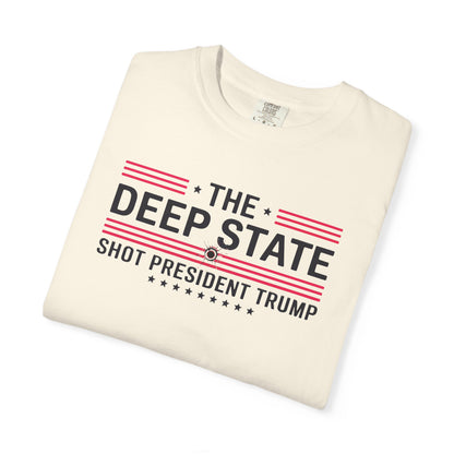 "The Deep State Shot President Trump" #02, Unisex White T-shirt