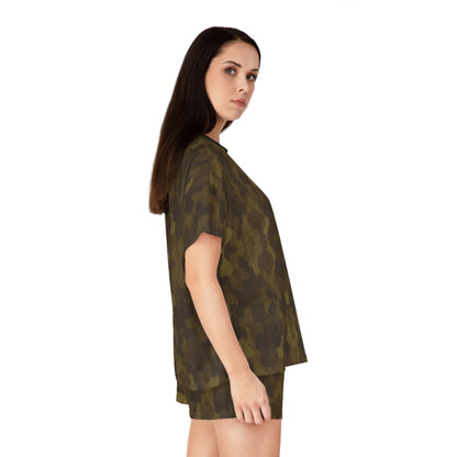 "Swamp Recon Camouflage", Women's Short Pajama Set (Black Collar & Waist)