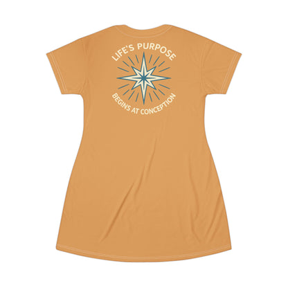 "Life's Purpose Begins at Conception #01", T-Shirt Dress (Earth Brown)