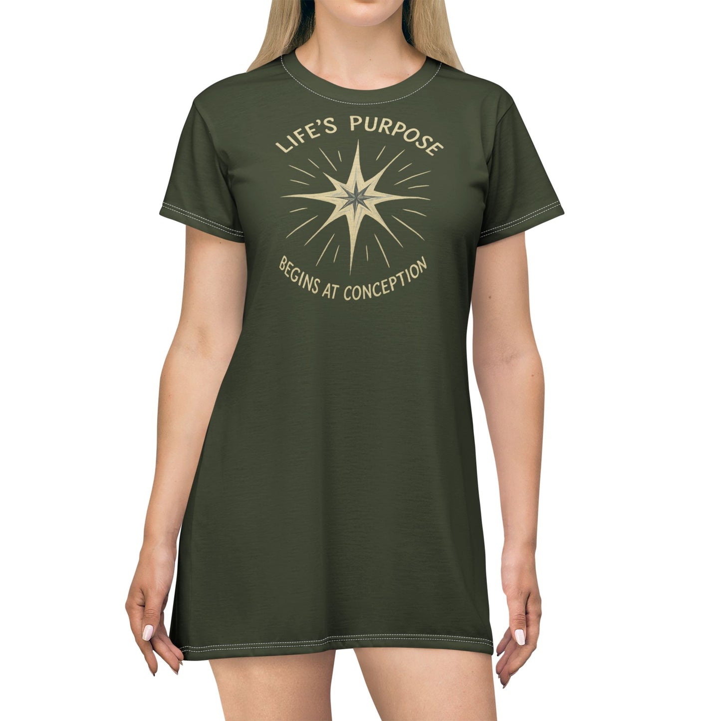 "Life's Purpose Begins at Conception #02", T-Shirt Dress (Commando Green)