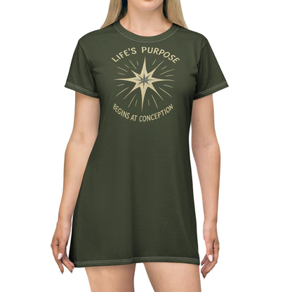 "Life's Purpose Begins at Conception #02", T-Shirt Dress (Commando Green)