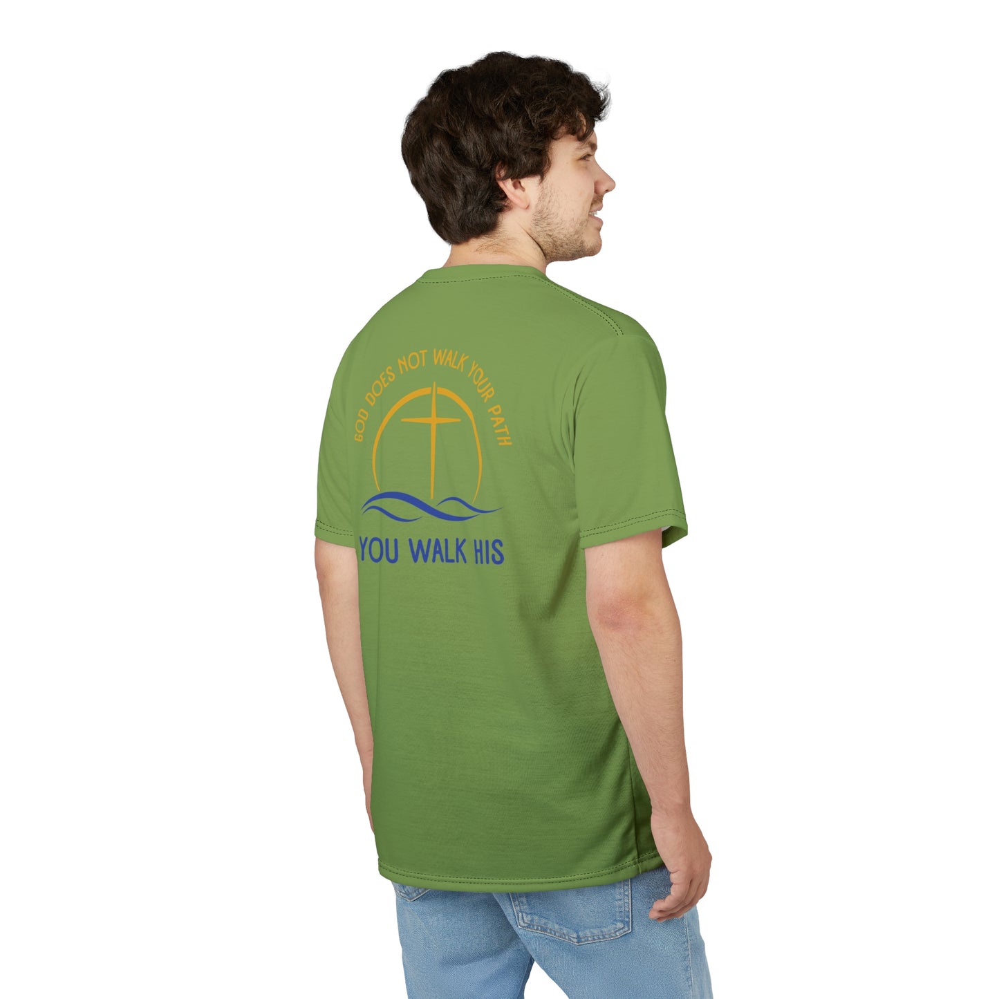 "God Does Not Walk Your Path", Unisex T-shirt (70's Light Green)