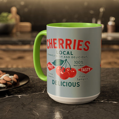 "Delicious Cherries", Colorful Mugs (11oz, 15oz) (Washed Silver-Blue)